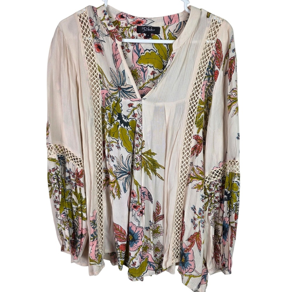 RD+Koko Floral Peasant Blouse Womens Large Pink Olive Excellent Crochet Trim